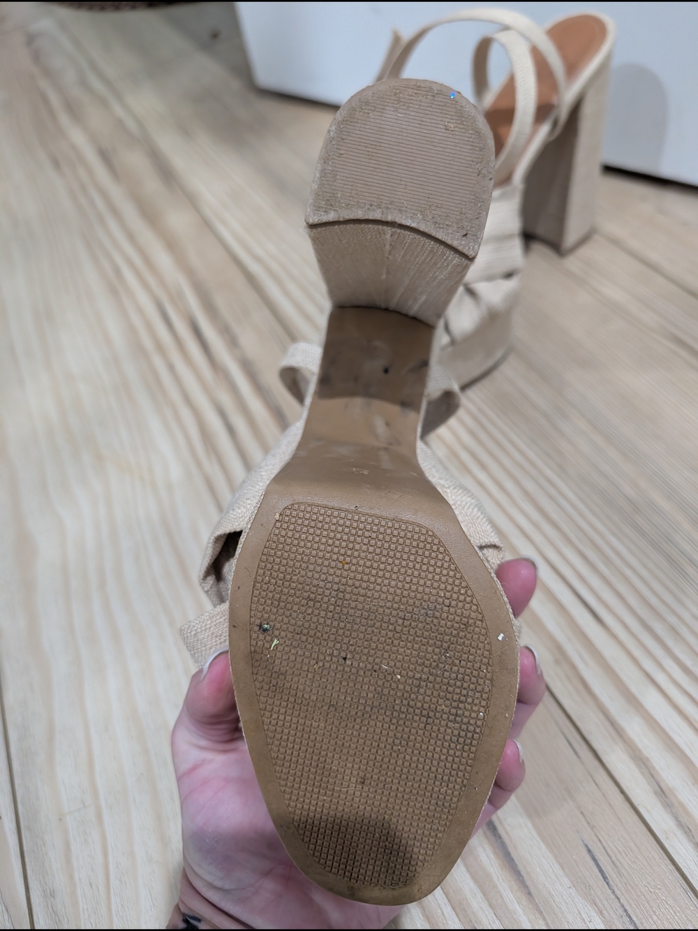 ASOS DESIGN Nude Linen Platform Block Heel Sandals Size 9.5 Ankle Strap - Picture 6 of 7